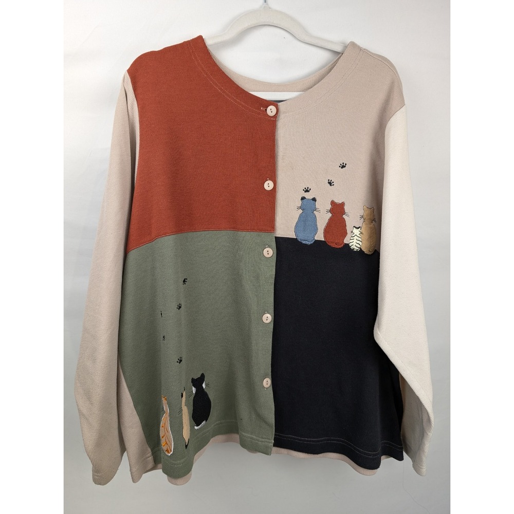 Vintage 90s Kitty Cat Embroidered Cardigan Size XL Colorblock Cottagecore Granny